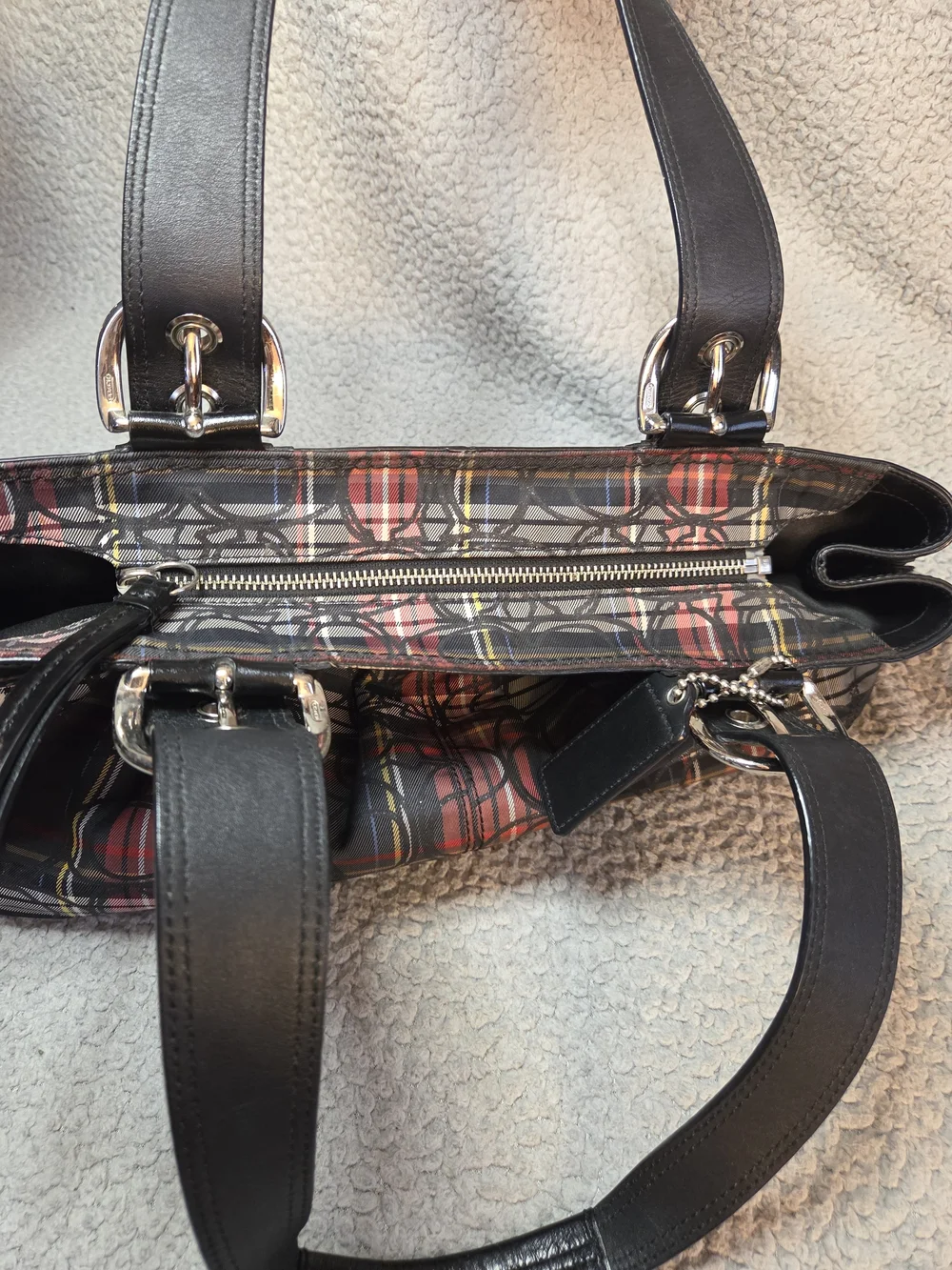 Coach Plaid Shoulder Bag with Black Trim and Red Accent